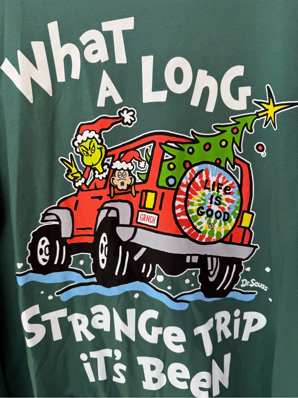 Life Is Good Long Sleeve Green Grinch Holiday Graphic Tee with Red Truck